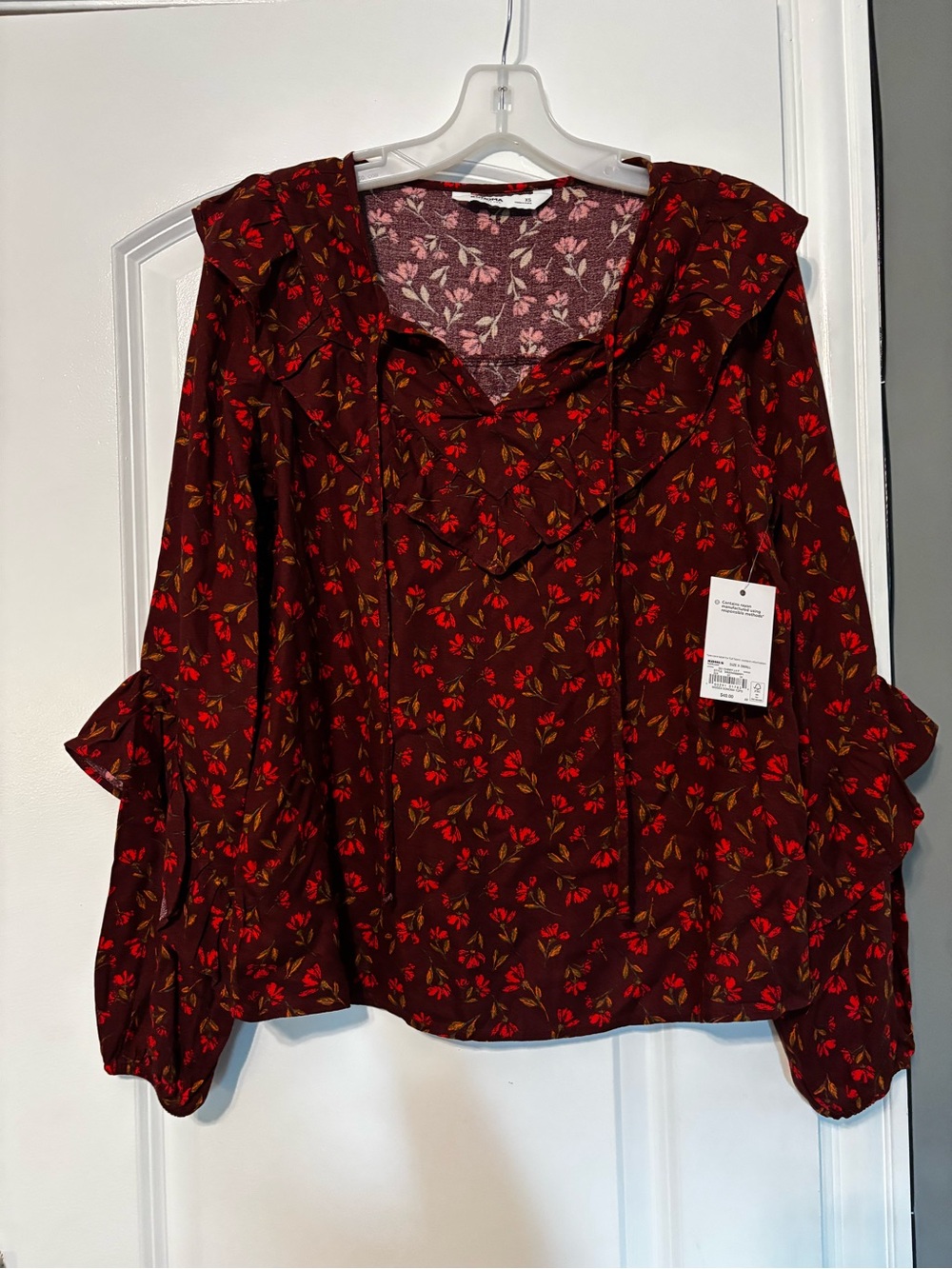 Sonoma Floral Ruffle V-Neck Blouse - Burgundy Red XS